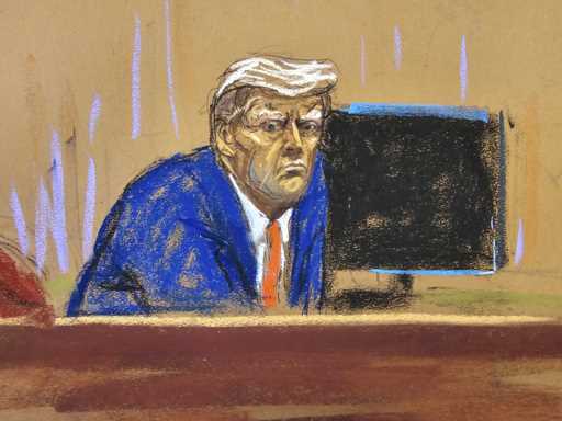 In this courtroom sketch, former President Donald Trump turns to face the audience at the beginning…