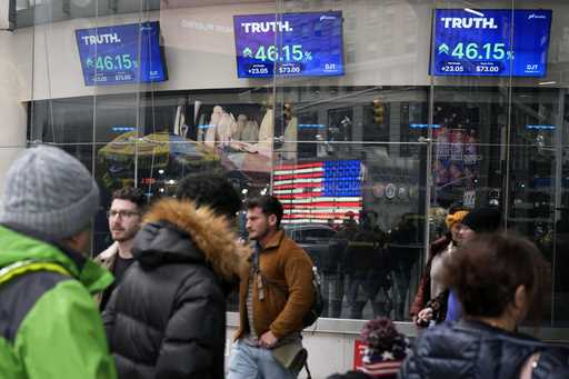 Pedestrians walk past the Nasdaq building as the stock price of Trump Media & Technology Group Corp…
