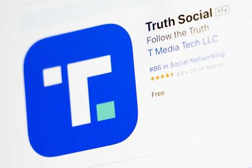 The download screen for Truth Social app is seen on a laptop computer, March 20, 2024, in New York