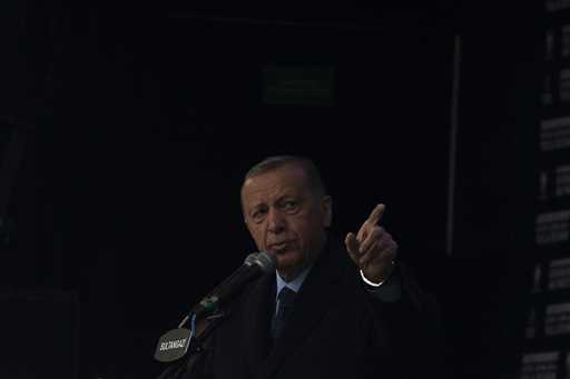 People's Alliance's presidential candidate Recep Tayyip Erdogan speaks to his supporters during an …