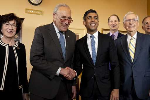 Britain's Prime Minister Rishi Sunak arrives at Andrews Air Force Base, Md