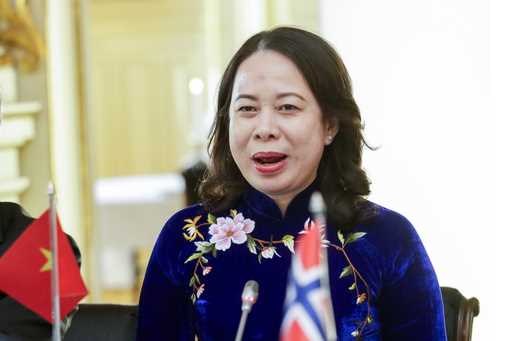 Vietnam's Vice President Vo Thi Anh Xuan listens during a working lunch with Norway's Prime Ministe…