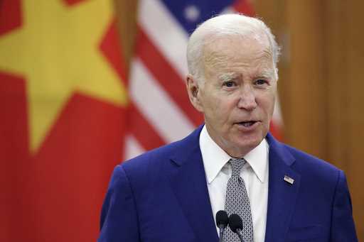 US President Joe Biden addresses the media during a press briefing at the headquarter of CPV Centra…