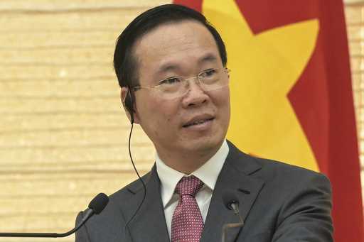Vietnam's President Vo Van Thuong addresses the media during a joint press conference with Japan's …