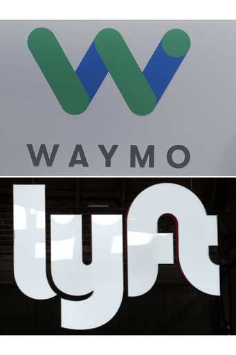 This photo combination shows a Waymo logo displayed on the door of a car in Mountain View, Calif