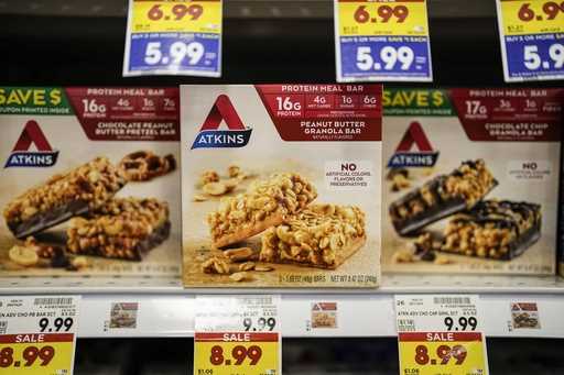 Atkins weight loss products are seen on sale at a Kroger supermarket, Friday, April 12, 2024, in Ma…