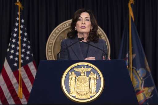 New York Governor Kathy Hochul addresses the media during a press conference, March