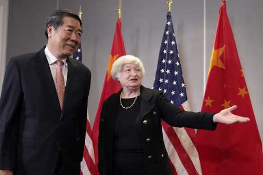 Treasury Secretary Janet Yellen, right, greets Chinese Vice Premier He Lifeng, November 9, 2023, in…