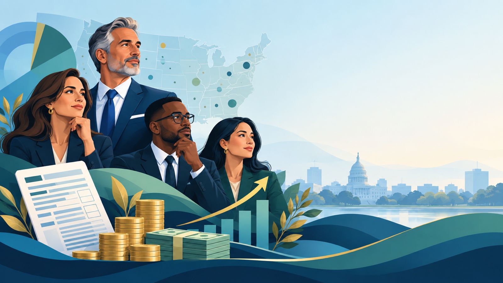 Illustration of four professionals in business attire beside a tax form, stacks of coins and cash, with a U.S. map and the Capitol in the background