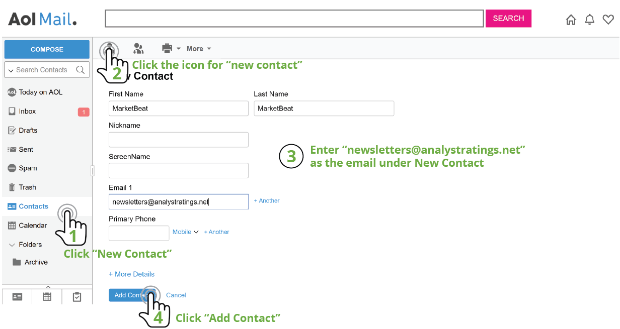 showing how to whitelist MarketBeat in your AOL webmail account