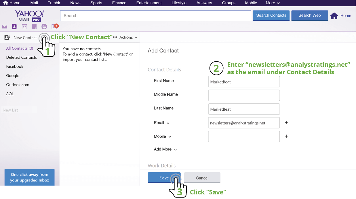 showing how to whitelist MarketBeat in your Yahoo mail account