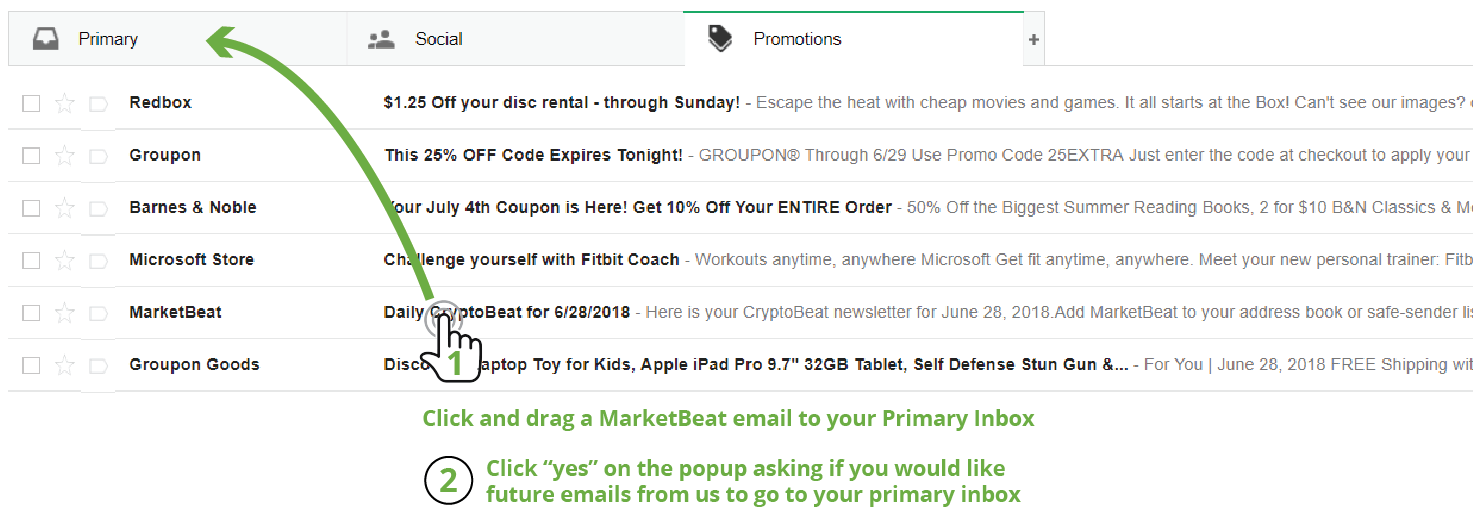 Showing how to drag a MarketBeat email to the primary inbox