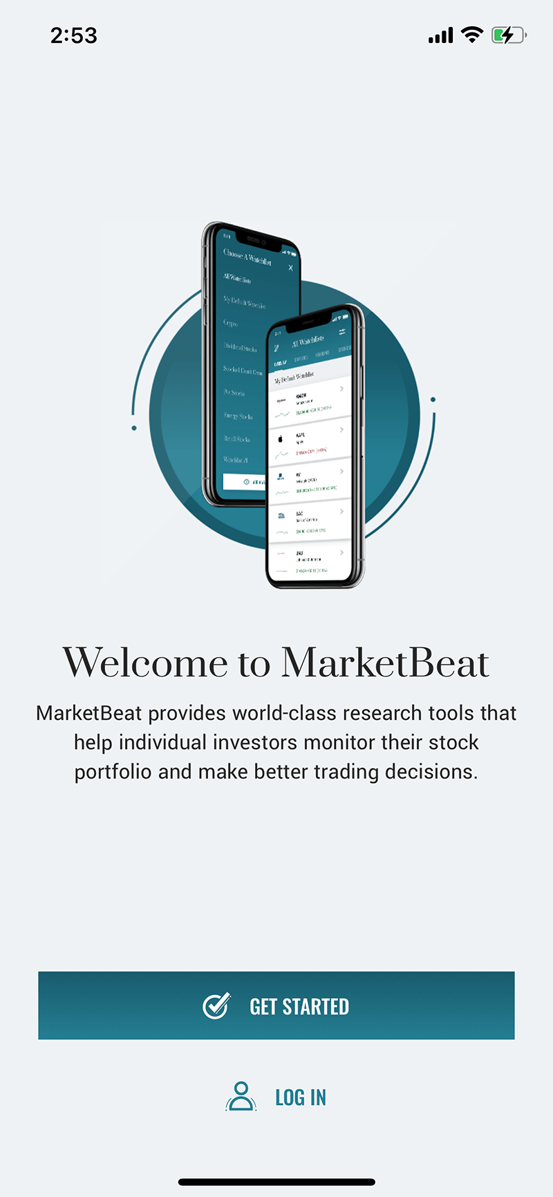 MarketBeat App Screenshot - Welcome