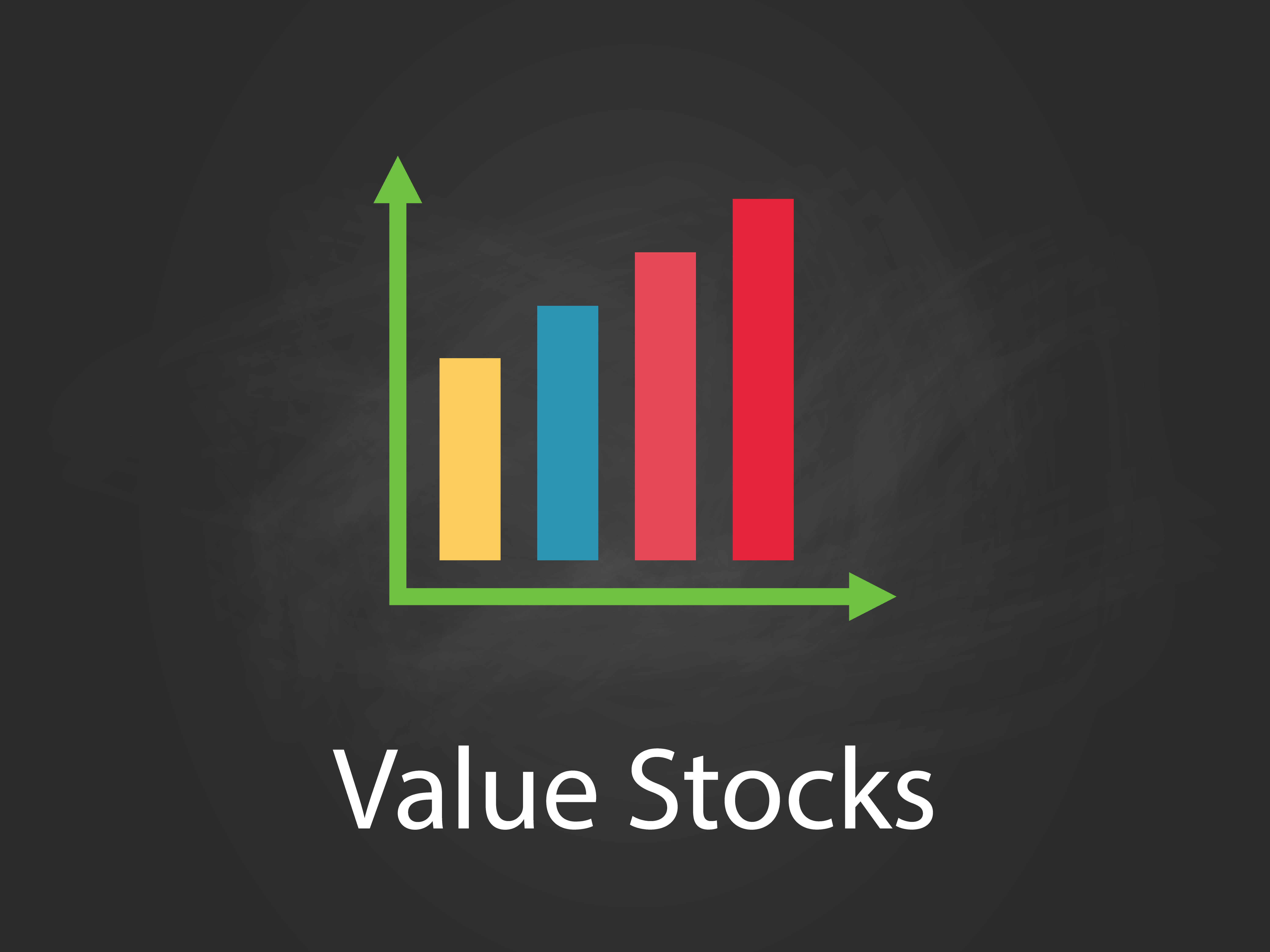 value stocks words with colored arrows on black background