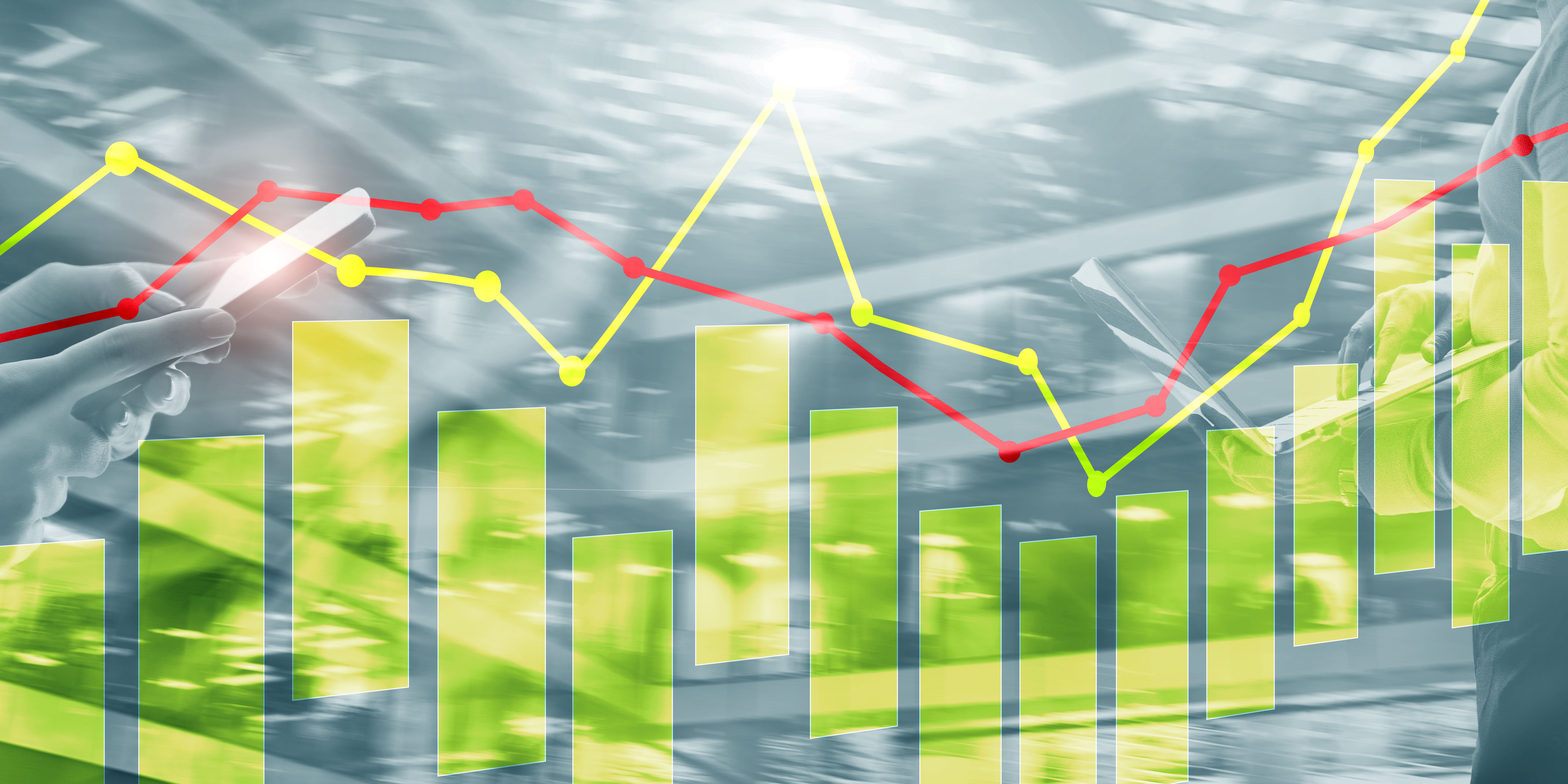 stock chart lines and bars on technology background