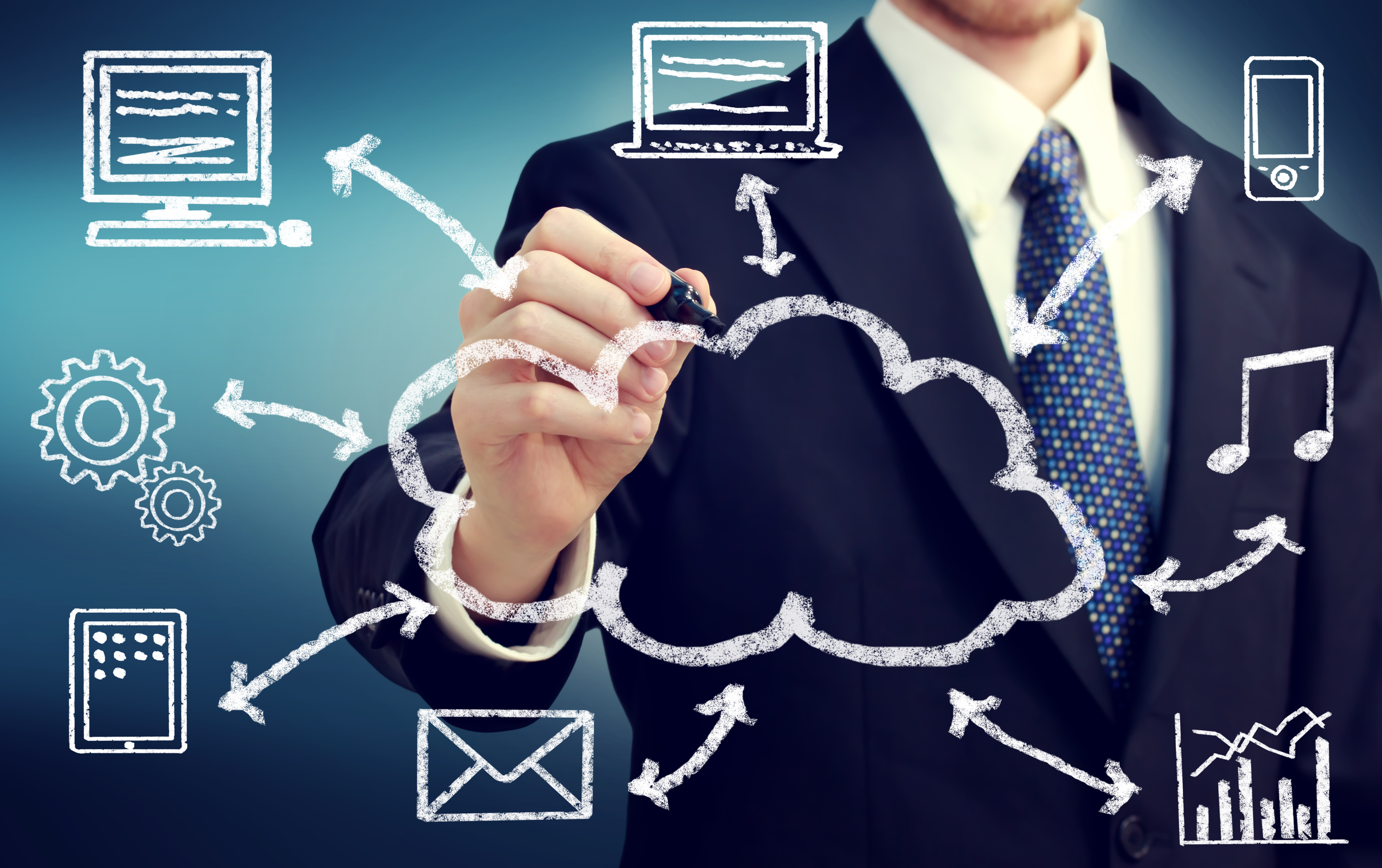 man in suit sketching cloud storage architecture