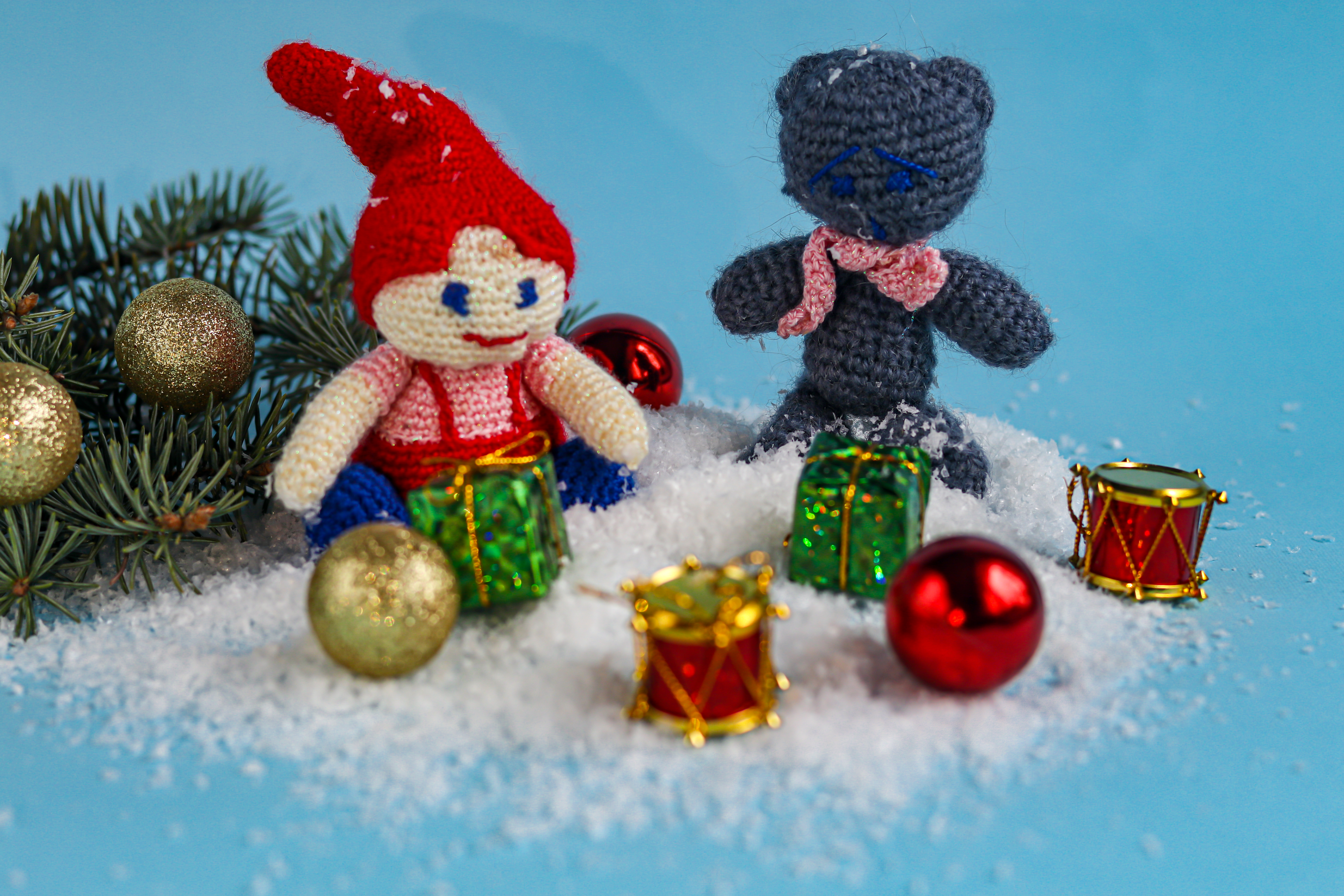 close-up of crocheted holiday toys