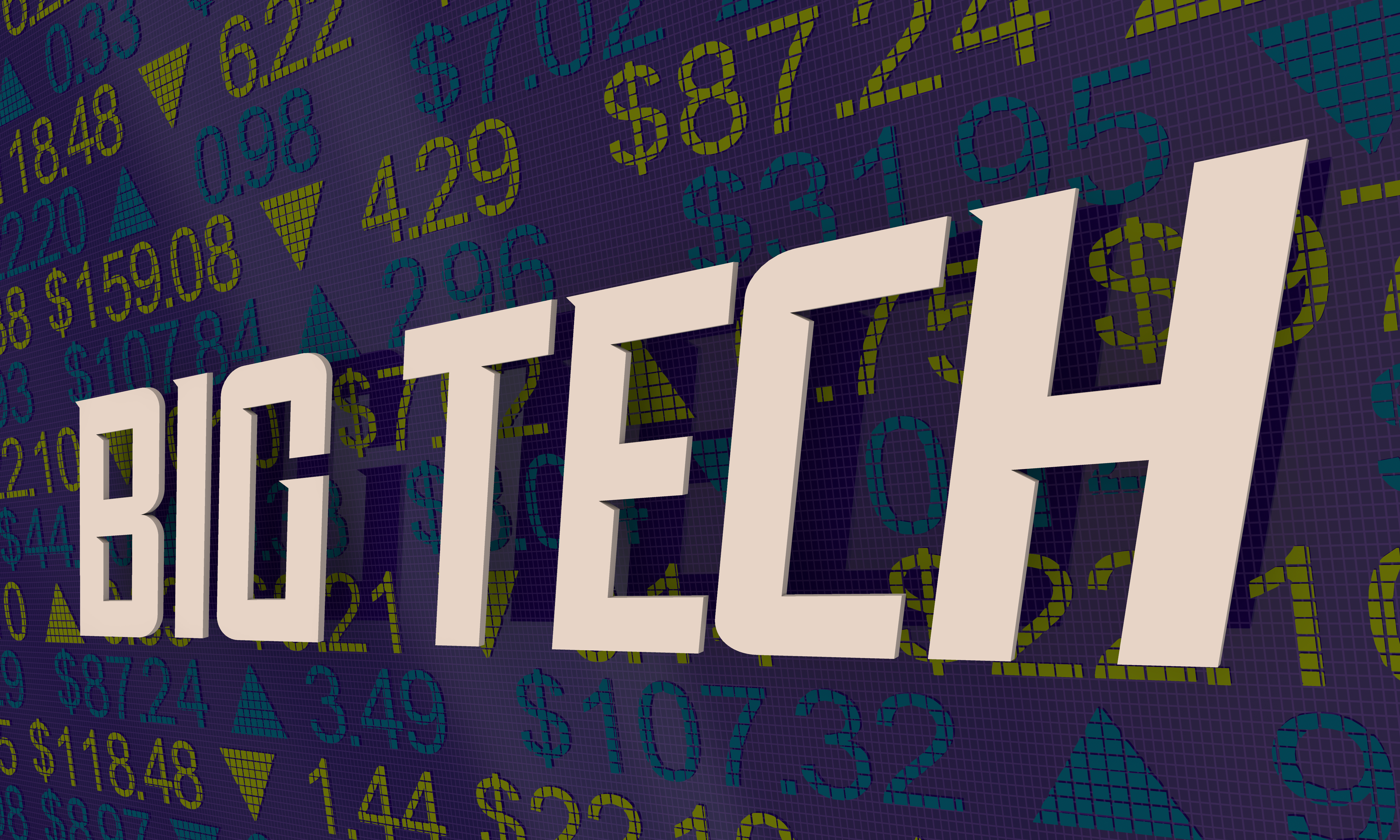 Closeup of words Big Tech over computer graphics on blue background
