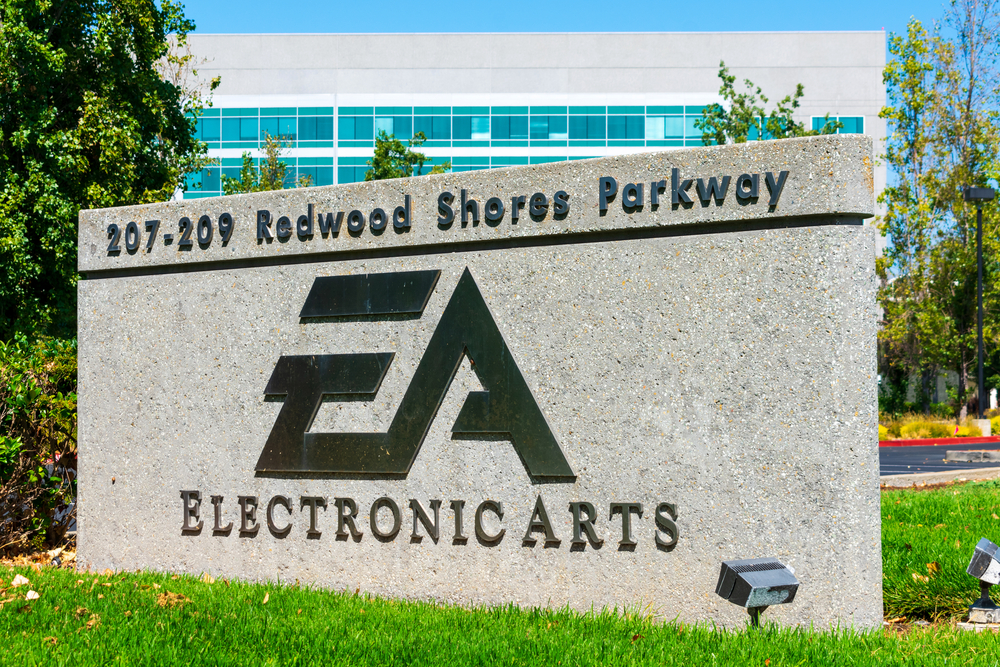 Electronic Arts sign at video game company headquarters in Silicon Valley. Learn more about Electronic Arts stock.