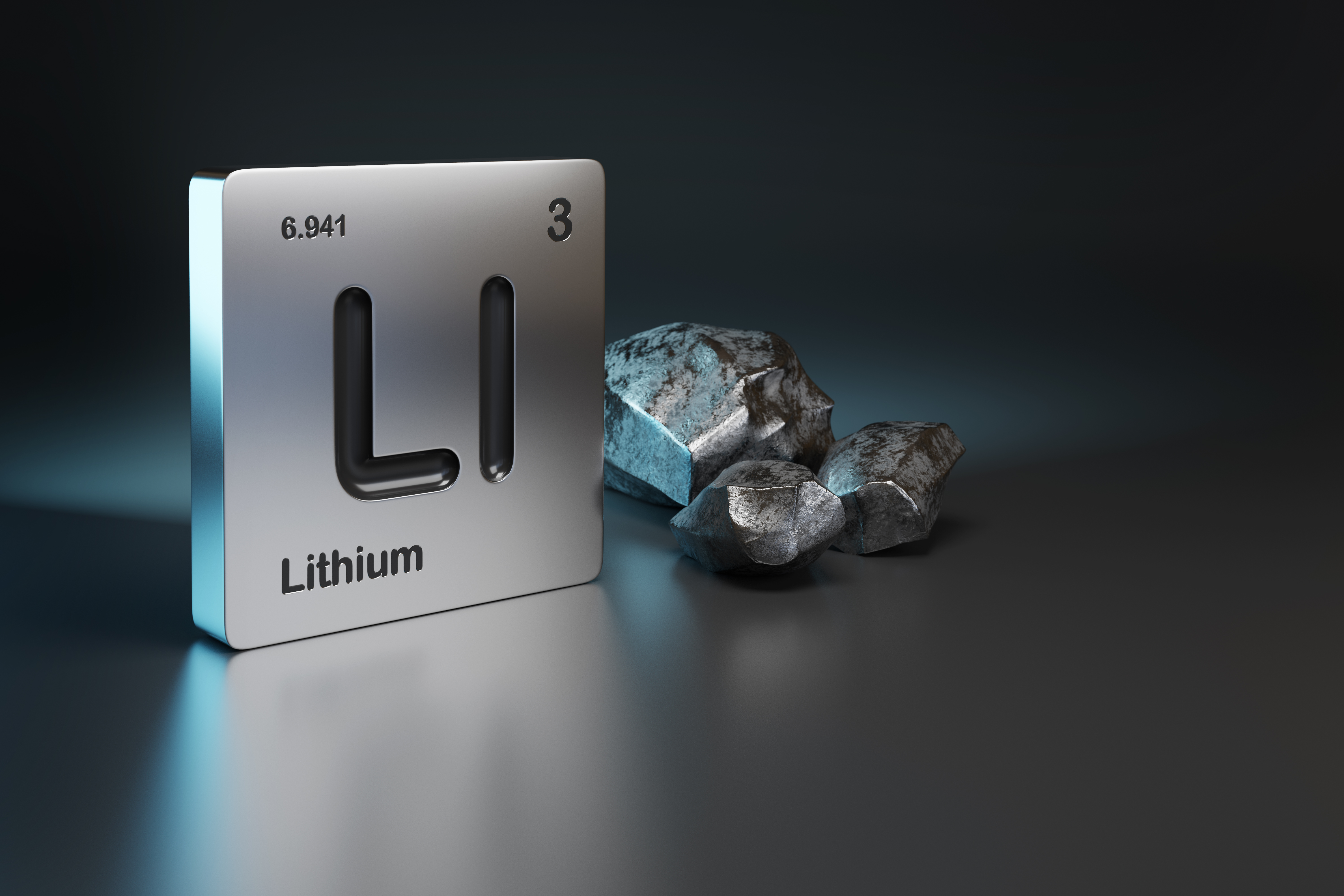 Lithium element symbol from the periodic table with metallic lithium