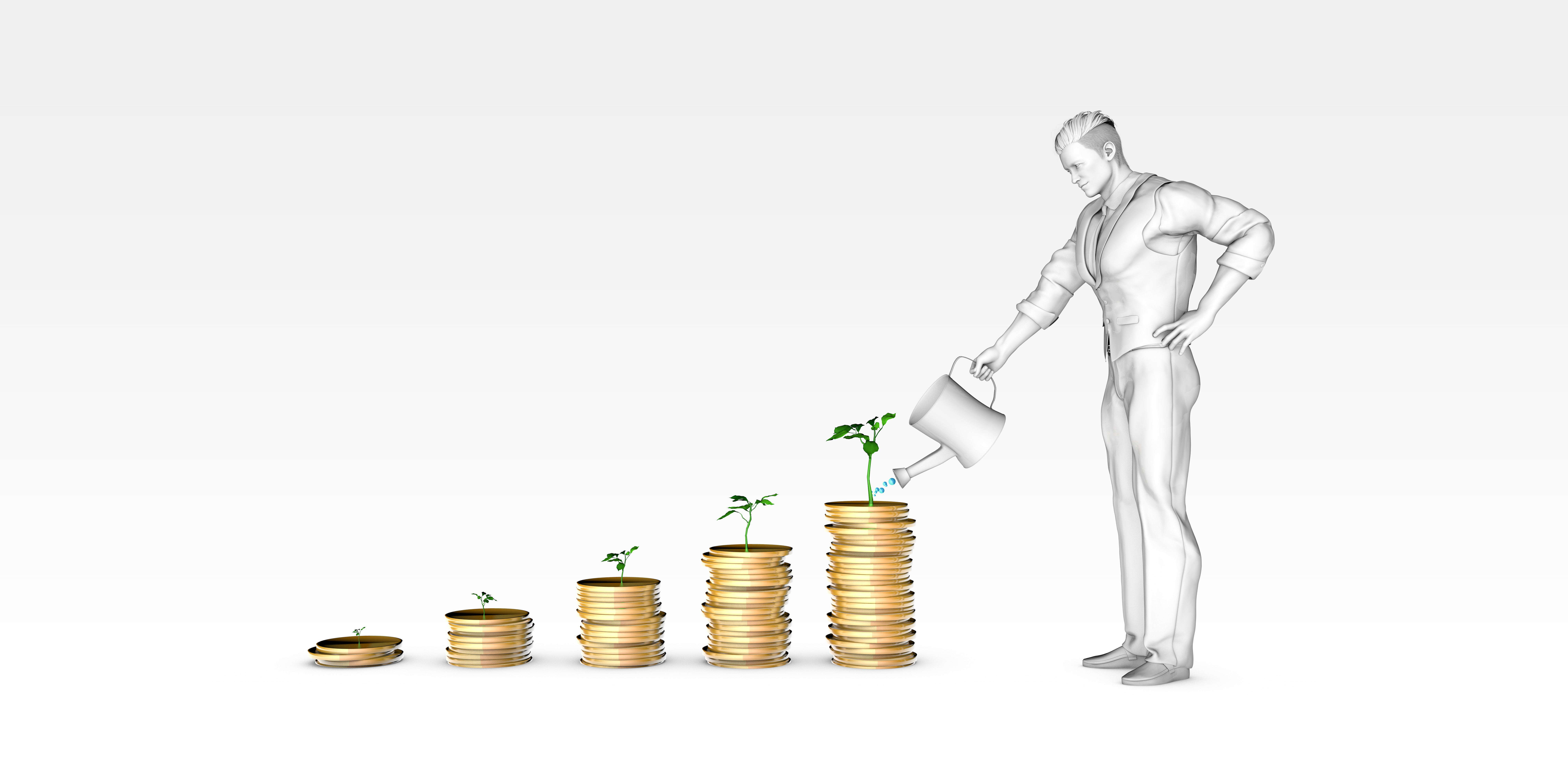 illustration of man watering pennies representing plants growing