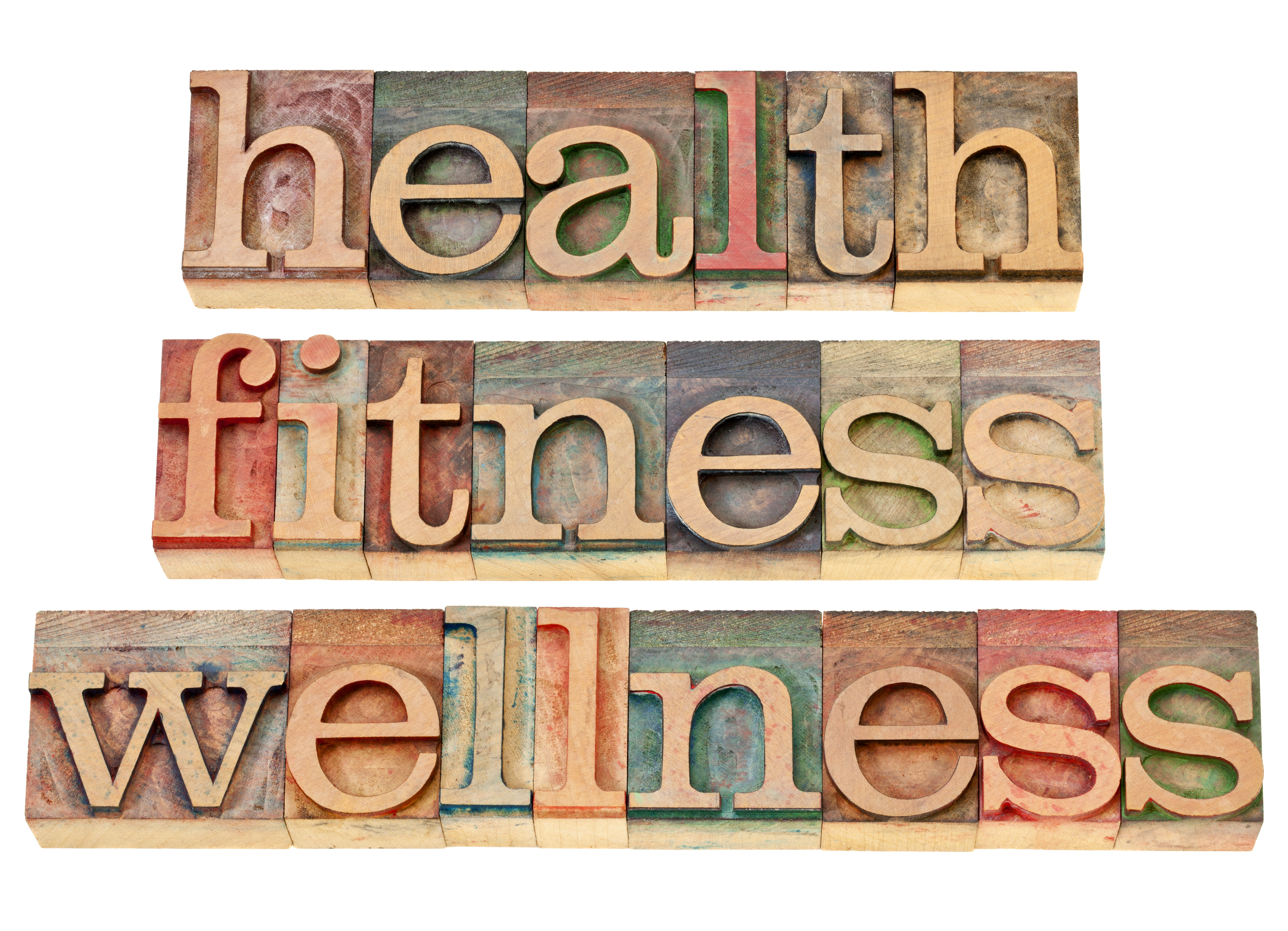 image of letterpress wood type with words: health, fitness, wellness