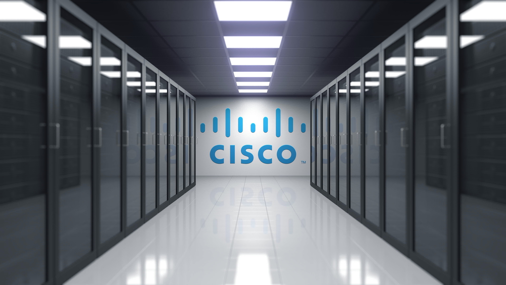 Cisco Systems logo on the wall of the server room. Editorial 3D