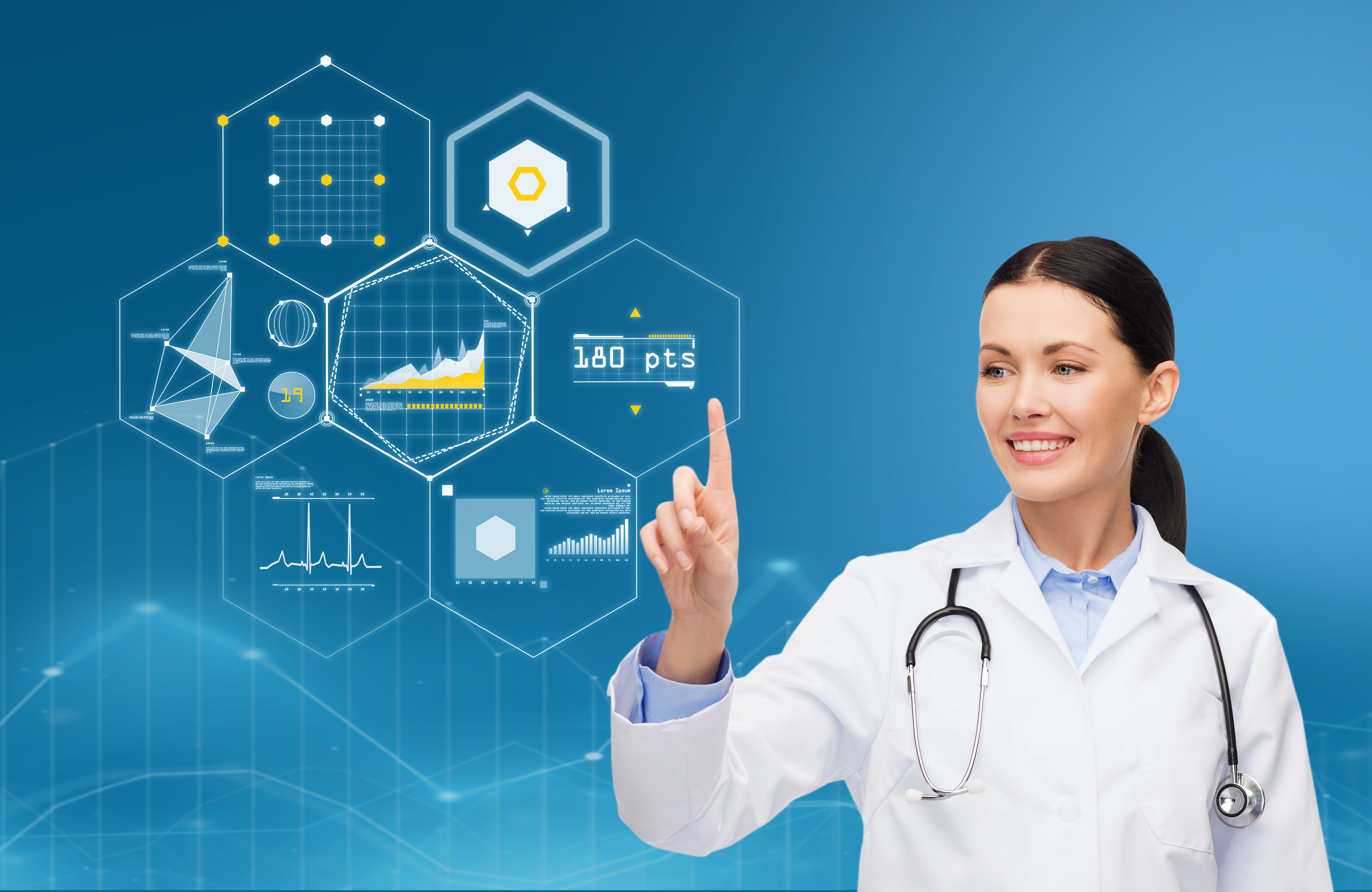 image of femaie physician touching display suggesting cloud-based digital platform