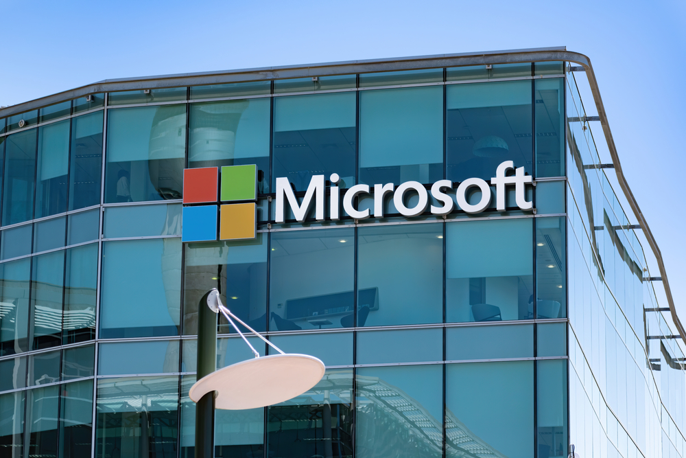 View of Microsoft logo sign on office building