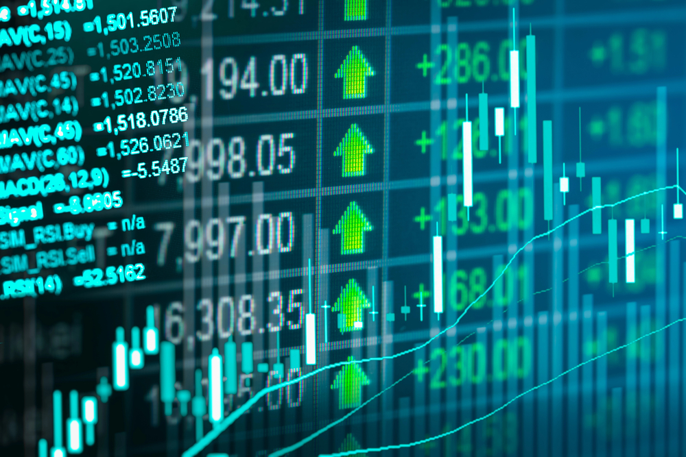 Financial data on a monitor,Stock market data on LED display