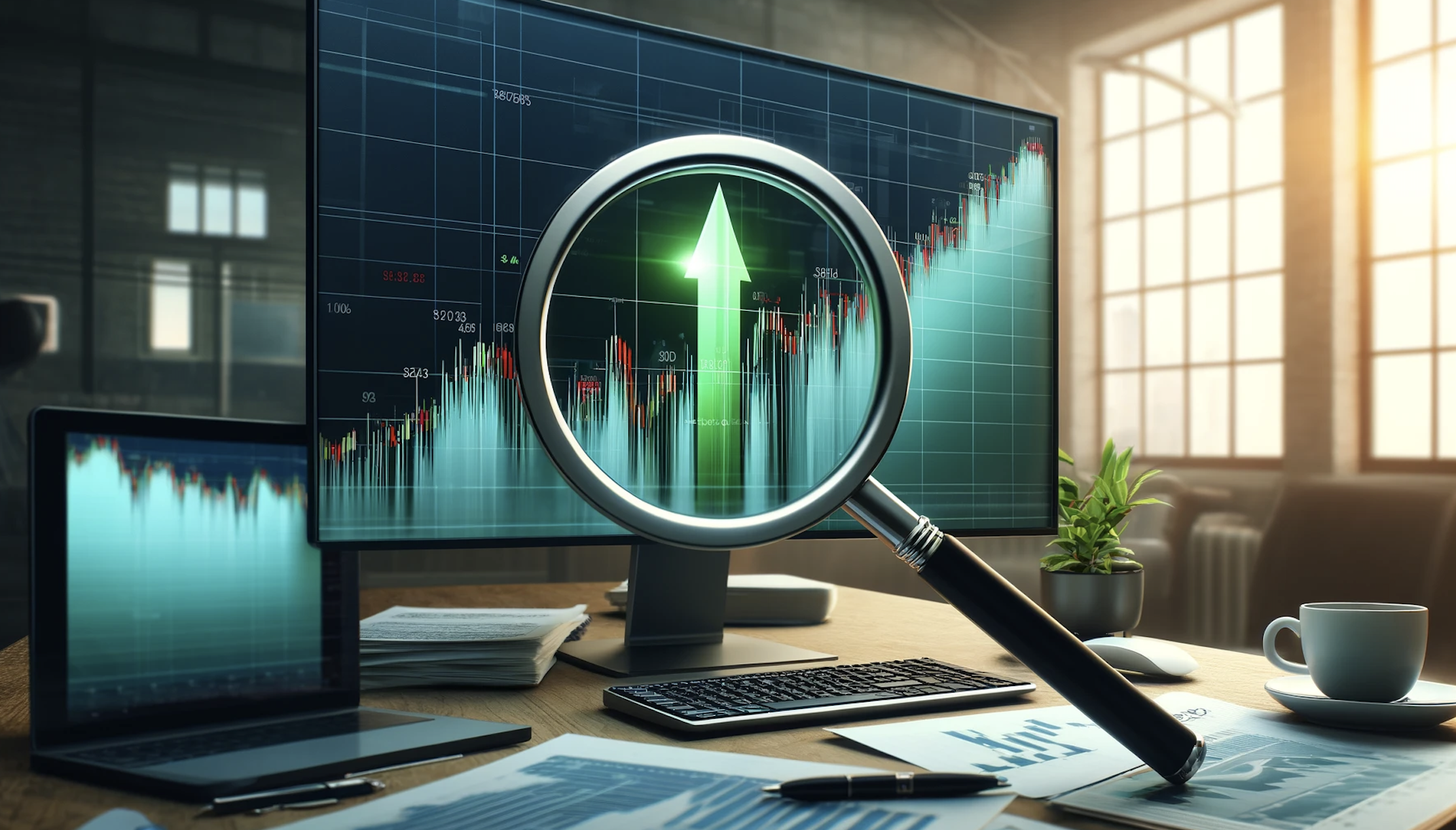 Stock rising with magnifying glass