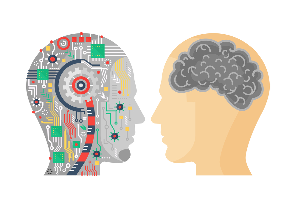 Photo of an artistic drawing of two heads showing one with gears (representing facts) and one with clouds (representing emotions) to illustrate the concepts of risk tolerance and risk appetitie.