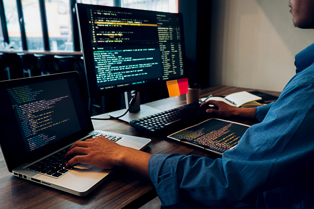 Programmer working in a software development and coding technologies. Website design.Technology concept. — Photo