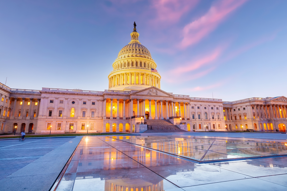 The United States Capitol Building in Washington, DC. American landmark at sunset