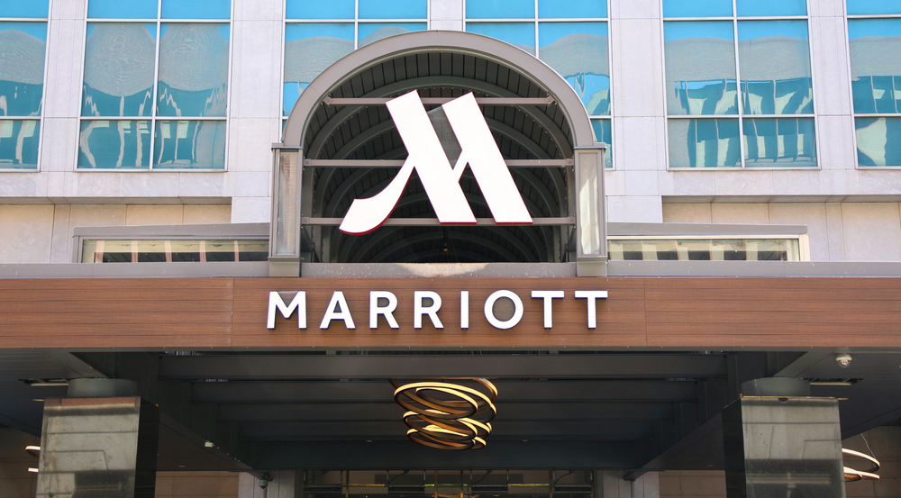Philadelphia, Pennsylvania, USA - 29 April 2022: The front entrance of a luxury Marriott hotel in downtown philadelphia.