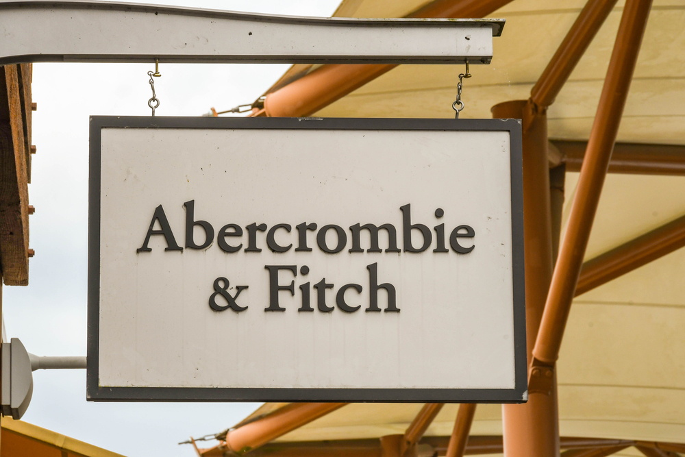 Close up view of a sign outside the Abercrombie & Fitch factory store at the Premium Outlets shopping mall