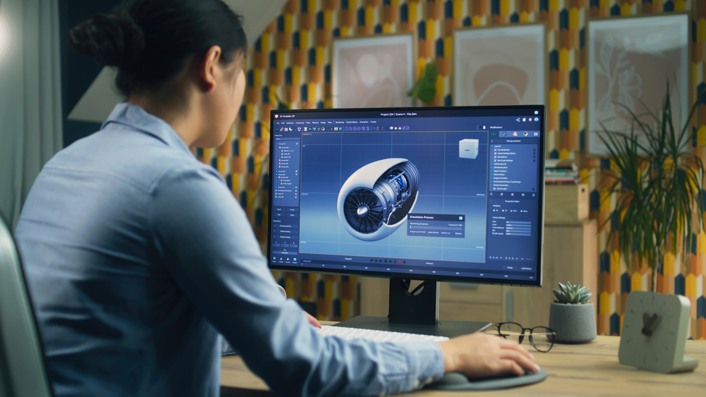 Female 3D designer using pc with professional program and creating 3D prototype of airplane turbine while working remotely at home office