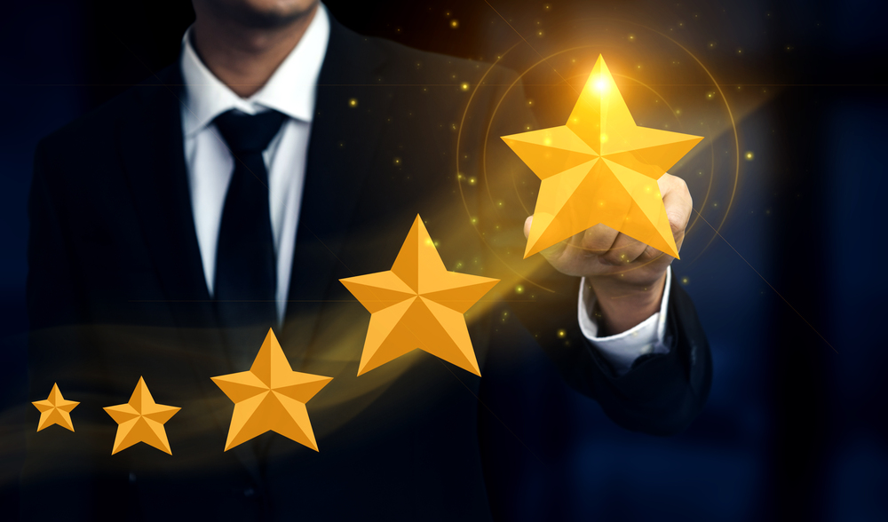 Customer review satisfaction feedback survey concept. User give rating to service experience on online application. Customer can evaluate quality of service leading to reputation ranking of business.