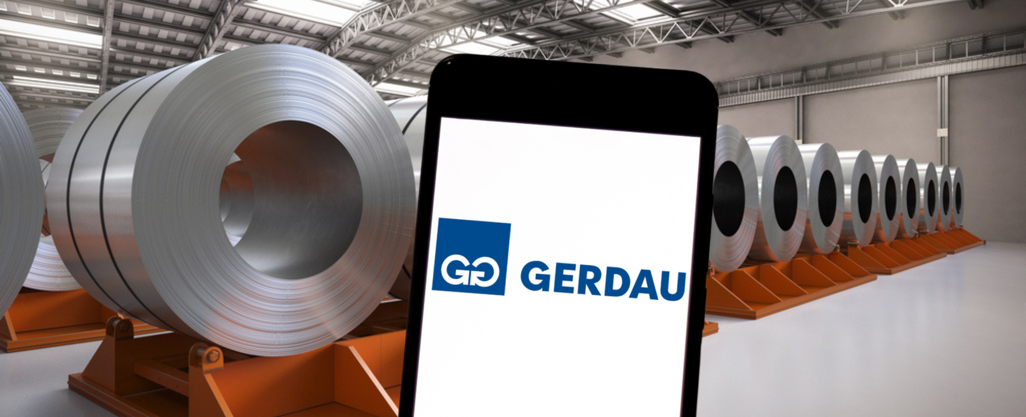 Gerdau logo and steel rolls