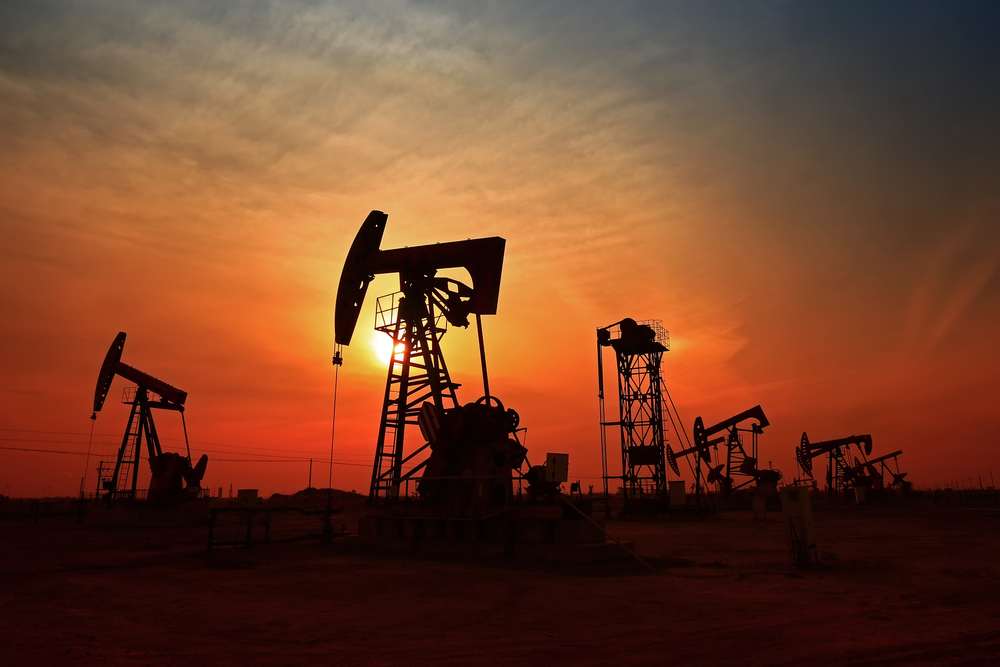 Photo of oil pumps at sunset.