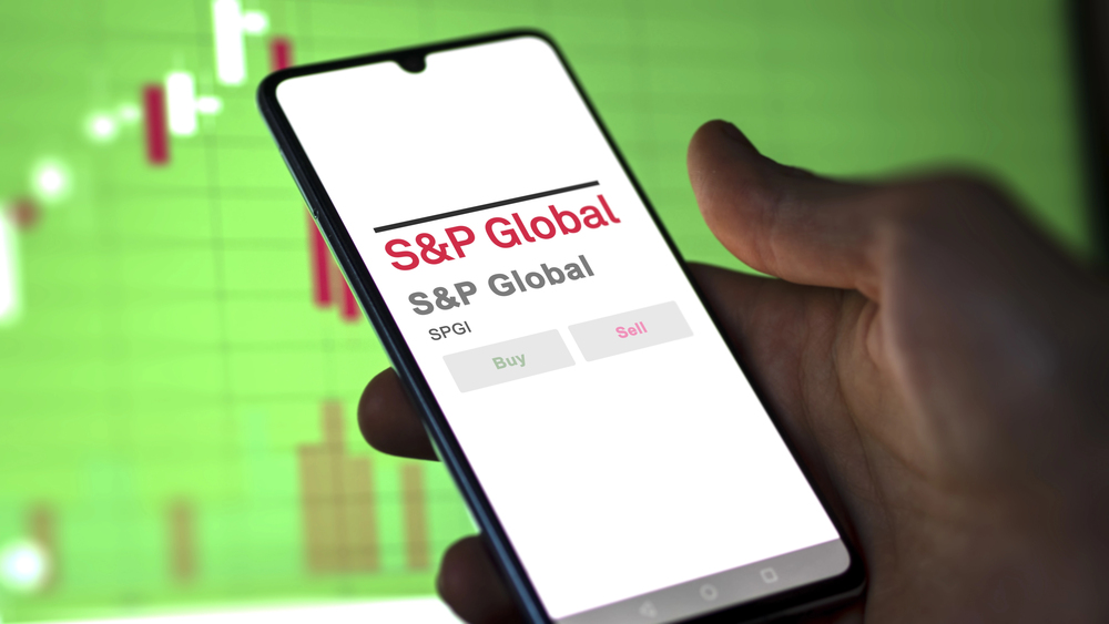 April 09th 2024 , New York City, New York. Close up on logo of S&P Global on the screen of an exchange. S&P Global price stocks, $SPGI on a device. — Stock Editorial Photography