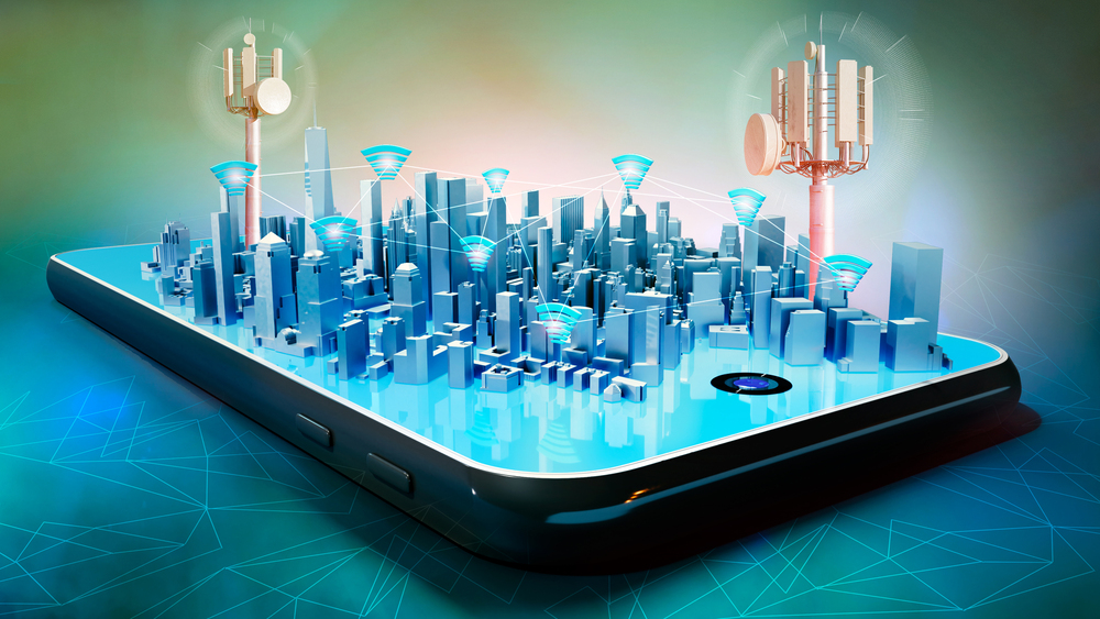 3D illustration of conceptual smart city hologram on smartphone screen. Telecom radio towers and wifi connections between buildings.