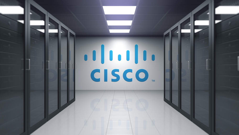 Cisco Systems logo on the wall of the server room. Editorial 3D
