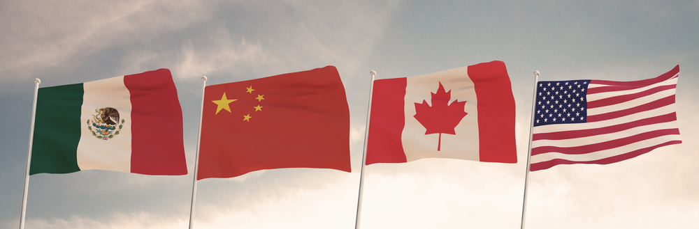 Relations between the countries of Mexico, China, Canada and the United States of America USA represented by the concept of three flags waving against a backdrop of a cloudy sky tariffs.3D RENDER. — Photo