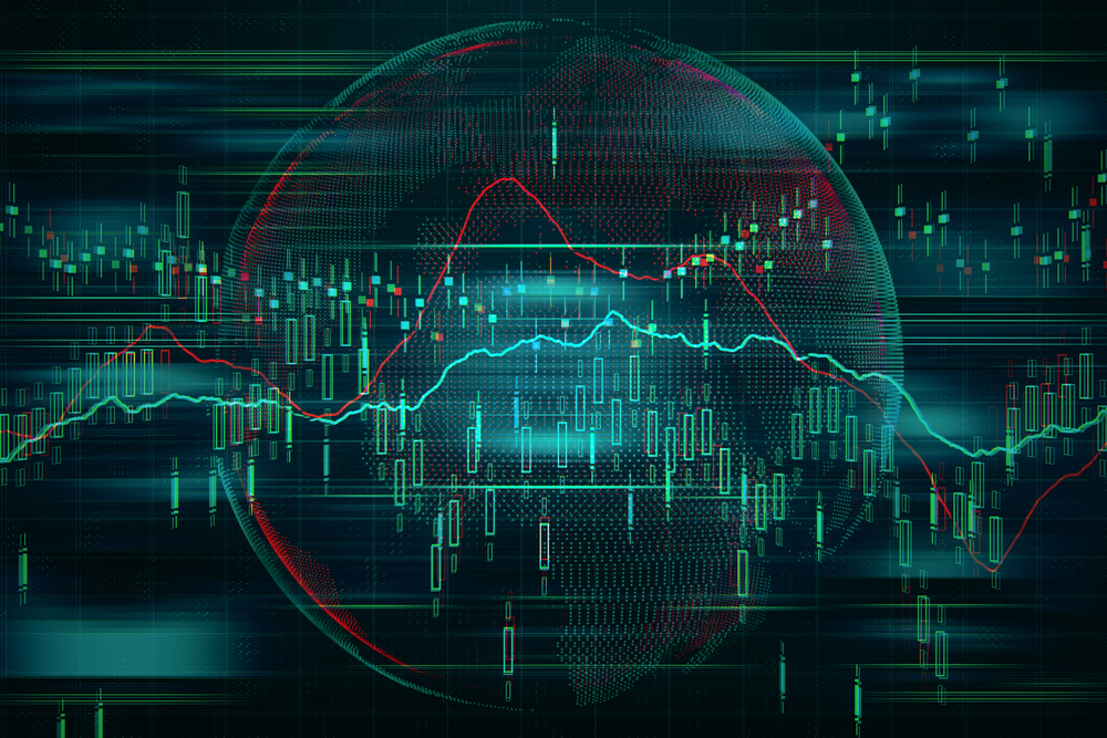Finance and global financial markets concept world map at background stock market chart and forex data. 3d rendering — Photo