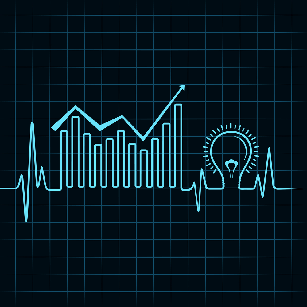 Photo of a chart showing heart beat, stock performance, and an idea lightbulb