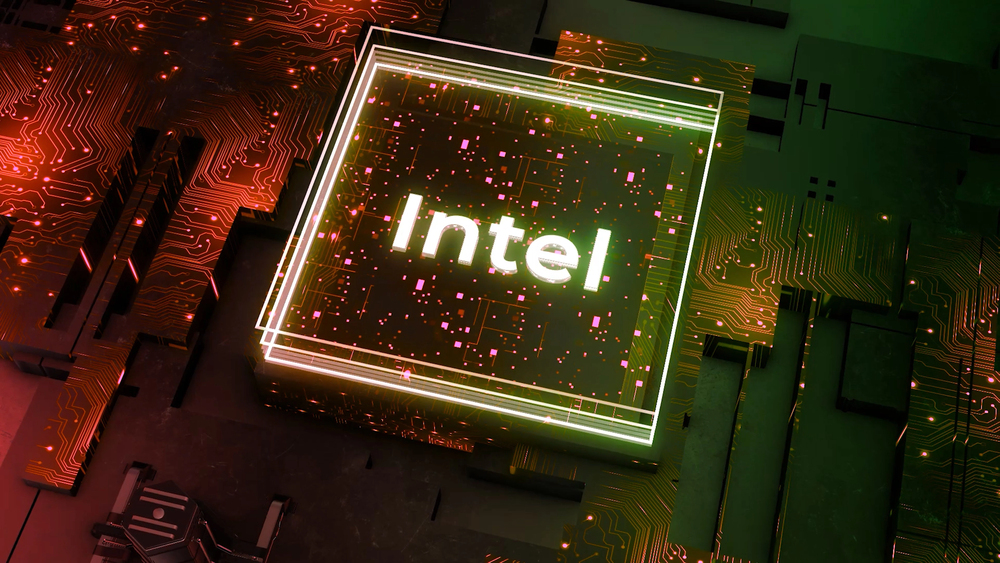Neon square with inscription. Motion. Intel lettering in transparent square on sparkling neon background. Animated banner for Intel with technological and neon details - stock image