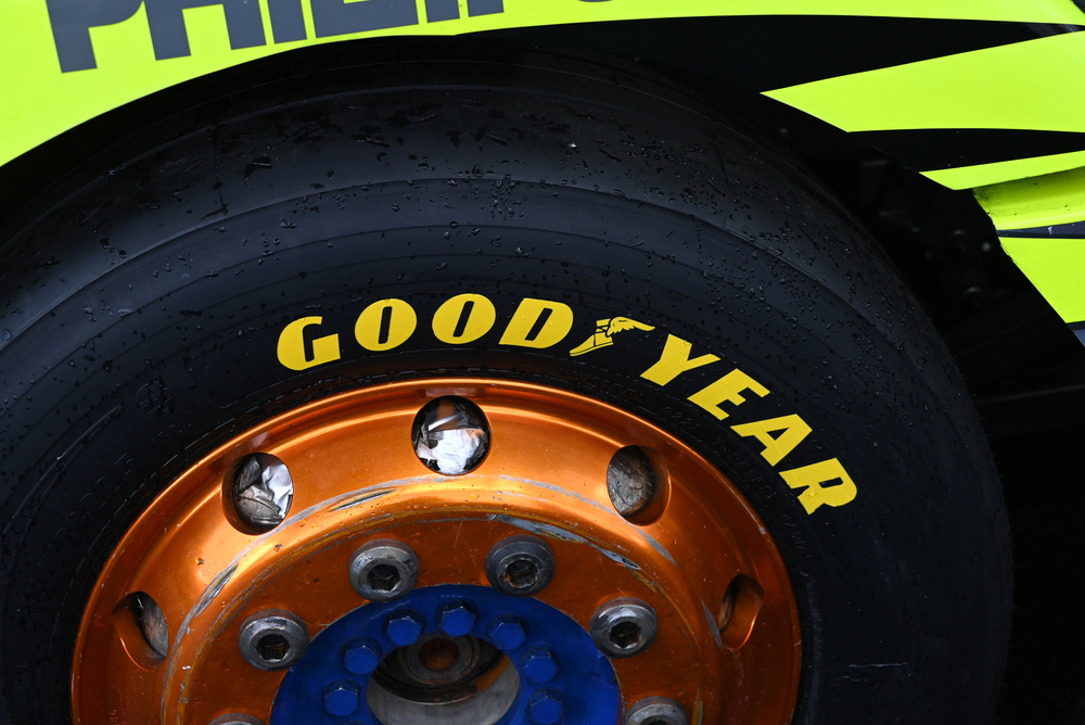 Closeup of a Goodyear brand tire on a Le Mans 24 Hours racing truck — Stock Editorial Photography