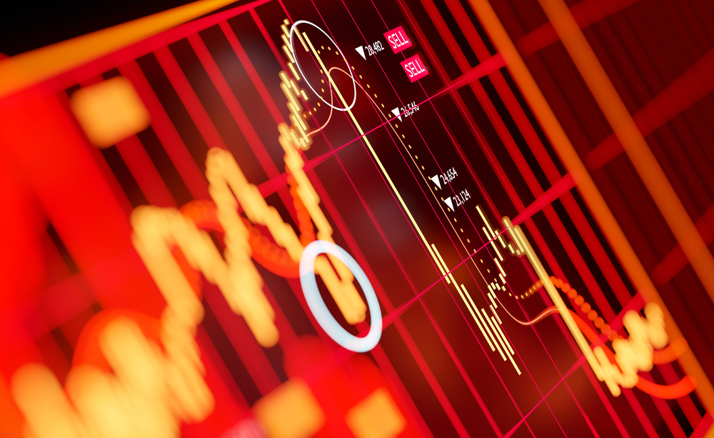 A graph showing large selling of global stock markets, crashing in 2020 on global fears including a pandemic and oil prices. 3D illustration — Photo