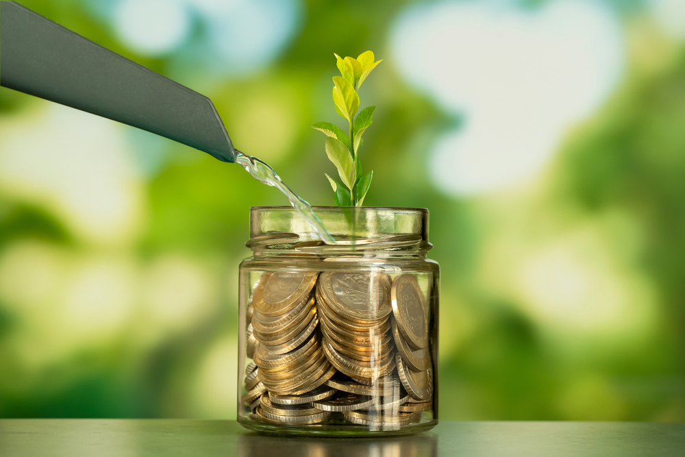 Close up photo of glass jae full of coins and growing plant inside as a symbol of invest or funding in business. Concept of financially grow of company or making profit. — Photo